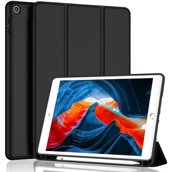 Ntech ipad 2021 hoes met pencil houder smart bookcase Zwart - ipad hoes 9e generatie 10.2 - ipad hoes 2021 cover met apple Pencil Vakje