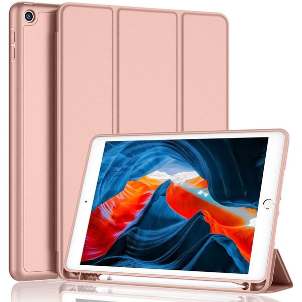 Ntech Hoes geschikt voor iPad 2021 met pencil houder smart bookcase Rosegoud - Hoes geschikt voor iPad 9e generatie 10.2 - Hoes geschikt voor iPad 2021 cover met apple Pencil Vakje