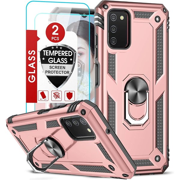 Ntech  Samsung A03 Hoesje Anti-Shock Hybrid Armor hoesje Rose Goud - Samsung Galaxy A03 kickstand Ring houder TPU backcover hoesje - met screenprotector Galaxy A03 - 2 pack