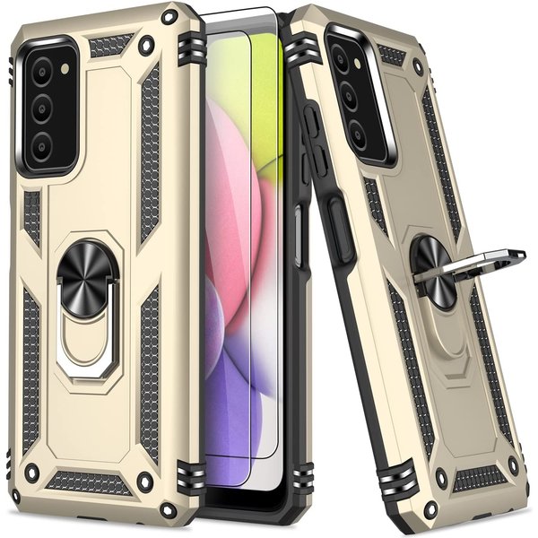 Ntech  Samsung A03 Hoesje Anti-Shock Hybrid Armor hoesje Goud - Samsung Galaxy A03 kickstand Ring houder TPU backcover hoesje - met screenprotector Galaxy A03 - 2 pack