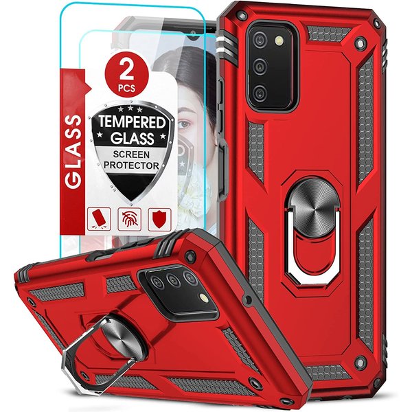 Ntech  Samsung A03 Hoesje Anti-Shock Hybrid Armor hoesje Rood - Samsung Galaxy A03 kickstand Ring houder TPU backcover hoesje - met screenprotector Galaxy A03 - 2 pack