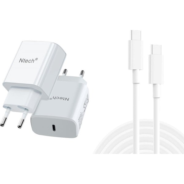 Ntech USB C Adapter snellader 20W Geschikt voor iPhone 15 Pro / Geschikt voor iPhone 15 Pro Max inclusief USB C naar USB C kabel 1 Meter