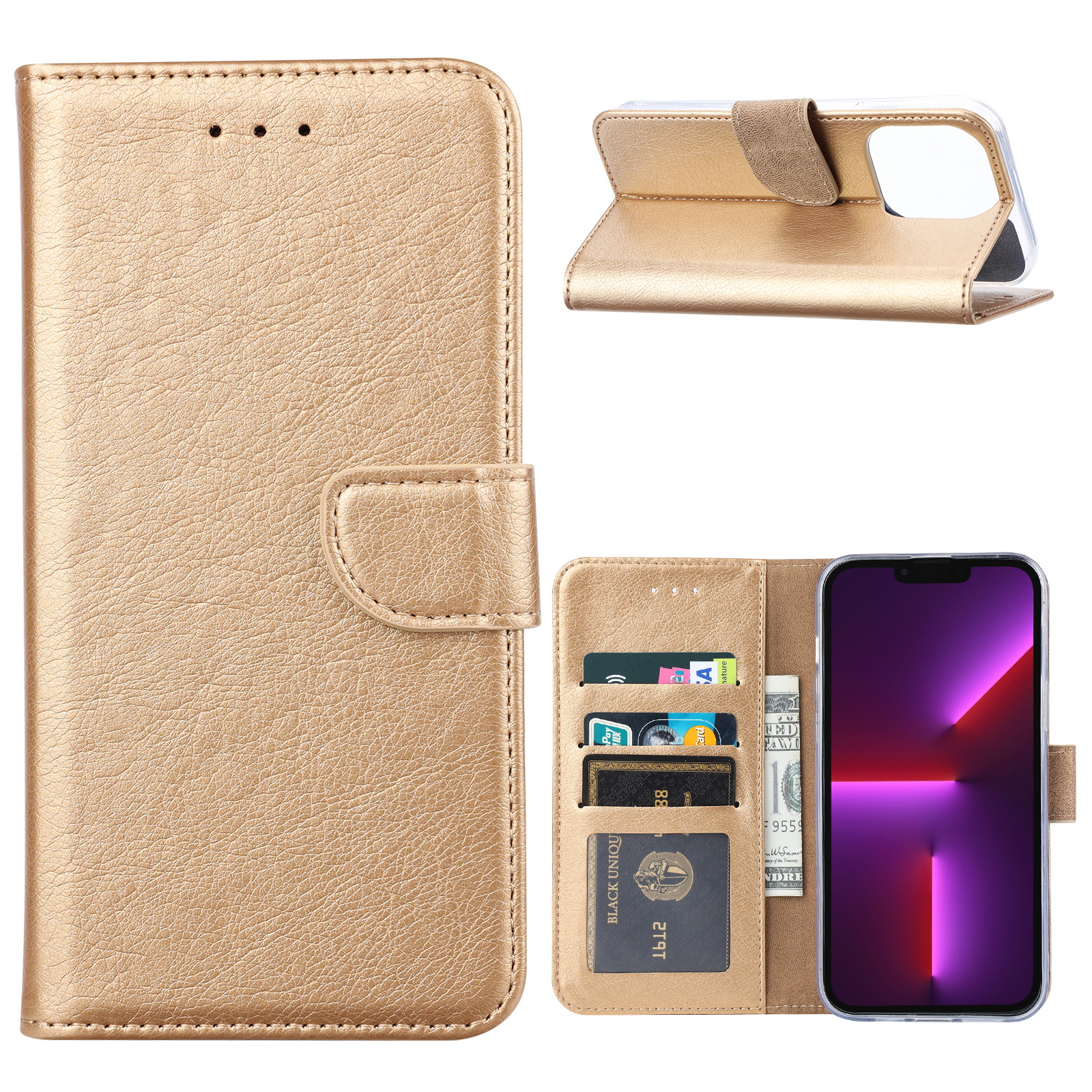 Ingang doorgaan met domesticeren iPhone 14 Hoesje BookCase Goud - iPhone 14 hoesje wallet case - Hoesje  iPhone 14 bookcase - Apple iPhone 14 hoesje portemonnee book case cover -  Phonecompleet.nl