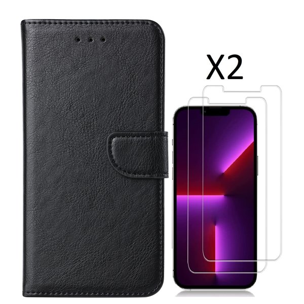 Ntech Hoesje Geschikt voor iPhone 14 bookcase met 2 stuks screenprotector tempered glass – Zwart