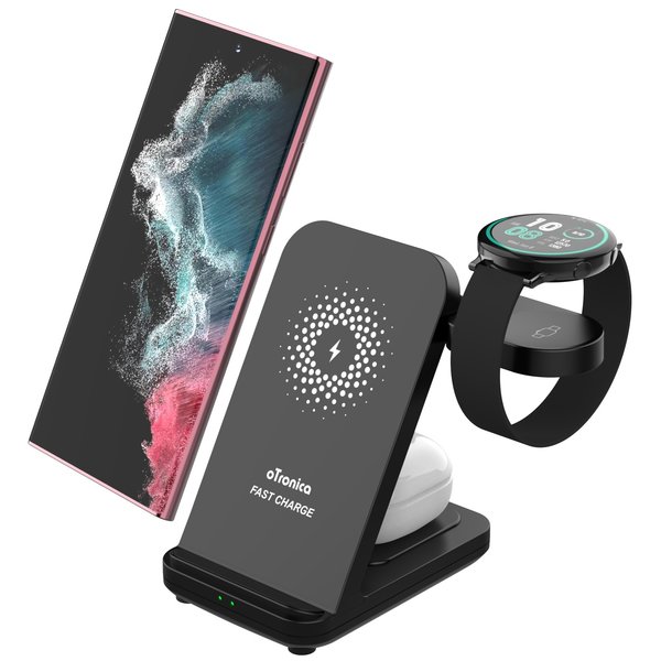 oTronica oTronica draadloze oplader Geschikt Voor Samsung - 3 in1 Oplaadstation Geschikt Voor Samsung -Qi Lader Geschikt Voor Samsung S23 ultra, S23, S23 plus, Galaxy Watch 4/3/Active2/Gear S3/46mm/42mm - Galaxy Buds / Buds+/ Buds Live Qi Lader - Zwart