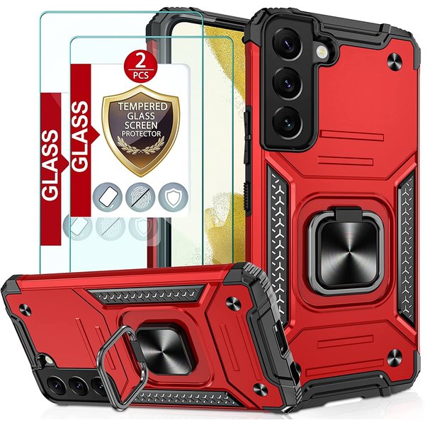 Ntech Hoesje Geschikt Voor Samsung Galaxy S22 Hoesje Heavy Duty Armor Hoesje Rood - Galaxy S22 hoesje Kickstand Ring cover met Magnetisch Auto Mount - Hoesje Geschikt Voor Samsung Galaxy S22 screenprotector 2 pack