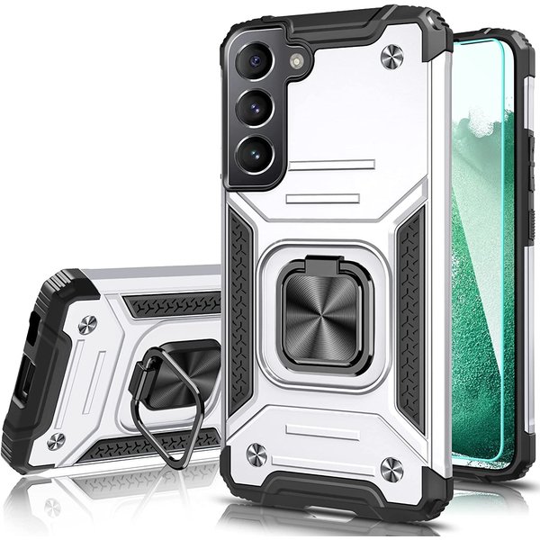 Ntech Hoesje Geschikt Voor Samsung Galaxy S22 Hoesje Heavy Duty Armor Hoesje Zliver - Galaxy S22 hoesje Kickstand Ring cover met Magnetisch Auto Mount - Hoesje Geschikt Voor Samsung Galaxy S22 screenprotector 2 pack