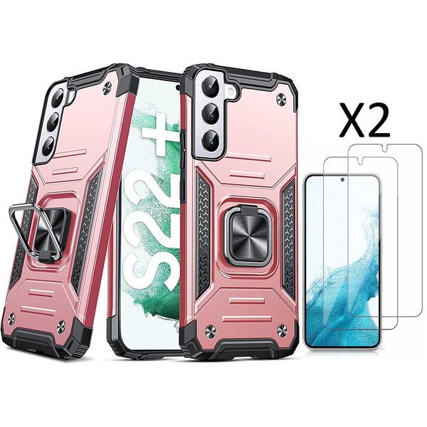 Ntech Hoesje Geschikt Voor Samsung Galaxy S22 Plus Hoesje Heavy Duty Armor Hoesje Rose Goud - Galaxy S22 Plus hoesje Kickstand Ring cover met Magnetisch Auto Mount - Hoesje Geschikt Voor Samsung Galaxy S22 Plus screenprotector 2 pack