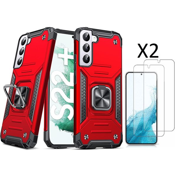 Ntech Hoesje Geschikt Voor Samsung Galaxy S22 Plus Hoesje Heavy Duty Armor Hoesje Rood - Galaxy S22 Plus hoesje Kickstand Ring cover met Magnetisch Auto Mount - Hoesje Geschikt Voor Samsung Galaxy S22 Plus screenprotector 2 pack