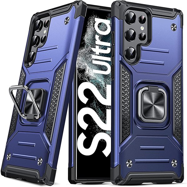 Ntech Hoesje Geschikt Voor Samsung Galaxy S22 Ultra Hoesje Heavy Duty Armor Hoesje Blauw - Galaxy S22 Ultra Case Kickstand Ring cover met Magnetisch Auto Mount