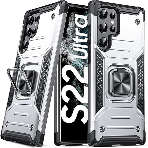 Ntech Hoesje Geschikt Voor Samsung Galaxy S22 Ultra Hoesje Heavy Duty Armor Hoesje Zliver - Galaxy S22 Ultra Case Kickstand Ring cover met Magnetisch Auto Mount