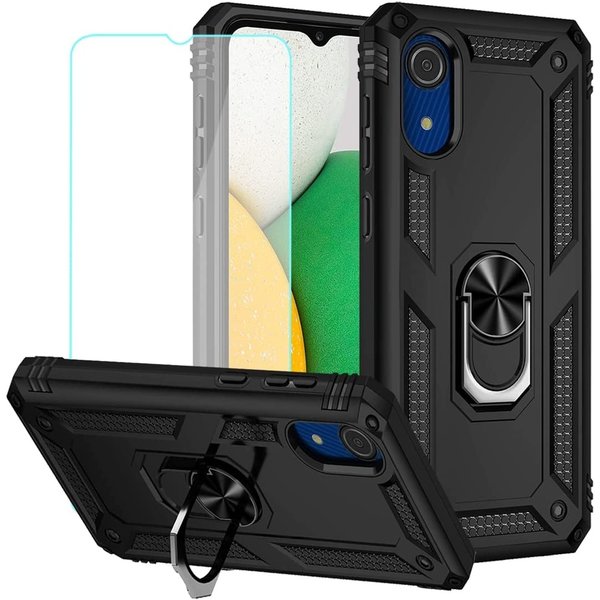 Ntech Samsung A03 core Hoesje kickstand Armor case Zwart - Galaxy A03 core Ring houder TPU backcover hoesje - met Galaxy A03 core screenprotector 1 pack