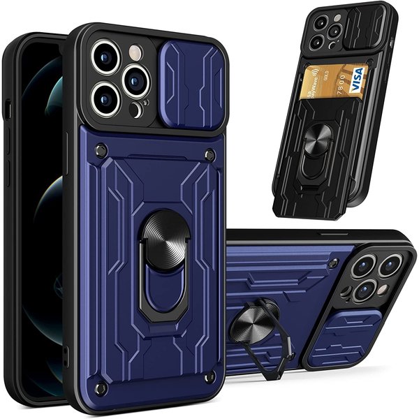 Ntech Hoesje Geschikt voor iPhone 14 Pro Max met pashouder / Ringhouder / lens bescherming – Blauw