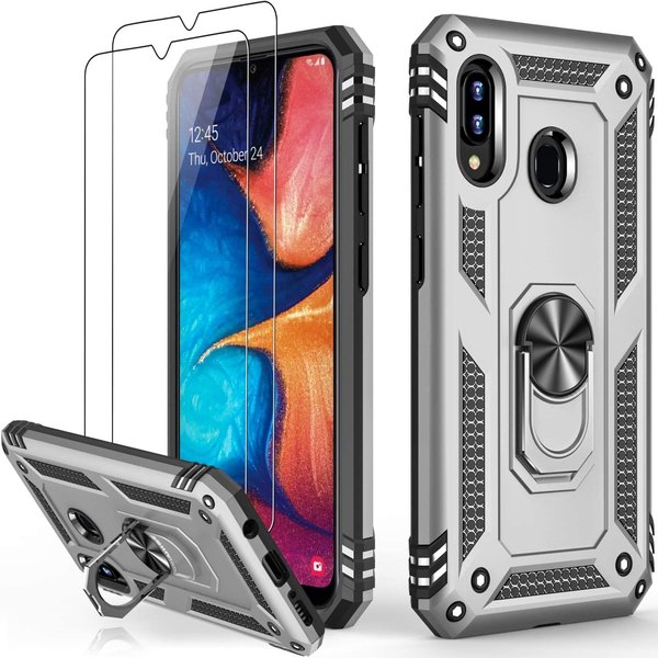 Ntech Hoesje Geschikt Voor Samsung Galaxy A20E Hoesje kickstand Armor case Zliver Met screenprotector 2 pack