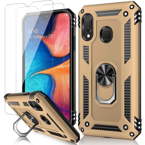 Ntech Hoesje Geschikt Voor Samsung Galaxy A20E Hoesje kickstand Armor case Goud Met screenprotector 2 pack