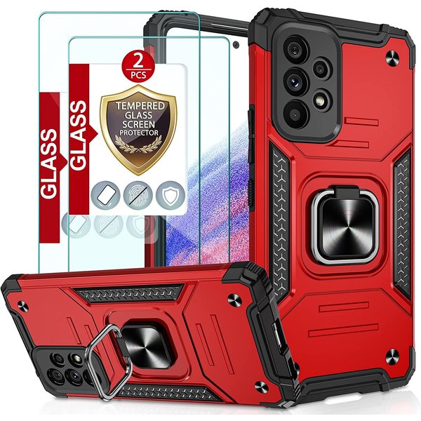 Ntech Hoesje Geschikt Voor Samsung Galaxy A53 Hoesje Heavy Duty Armor Hoesje Rood - Galaxy A53 5G Case Kickstand Ring cover met Magnetisch Auto Mount- Hoesje Geschikt Voor Samsung Galaxy A53 screenprotector 2 pack