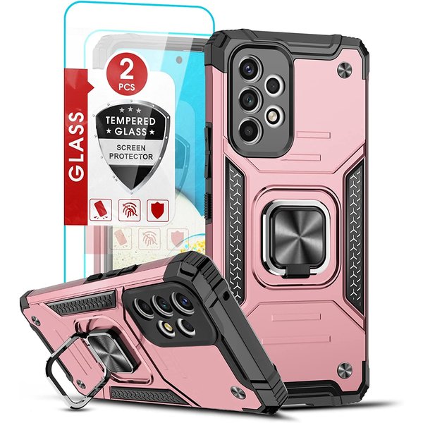 Ntech Samsung A53 Hoesje Heavy Duty Armor Hoesje Rose Goud - Galaxy A53 5G Case Kickstand Ring cover met Magnetisch Auto Mount- Samsung A53 screenprotector 2 pack