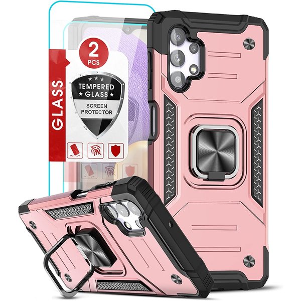 Ntech Hoesje Geschikt Voor Samsung Galaxy A32 5G Hoesje Heavy Duty Armor Hoesje Rose Goud - Galaxy A32 5G Case Kickstand Ring cover met Magnetisch Auto Mount- Hoesje Geschikt Voor Samsung Galaxy A32 screenprotector 2 pack