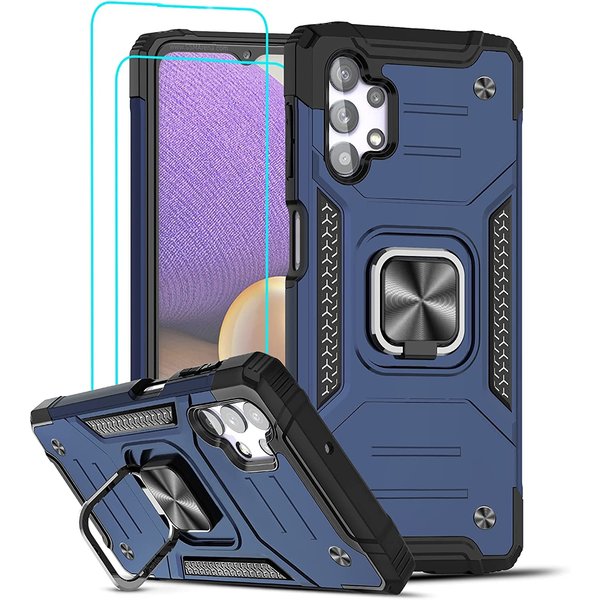 Ntech Hoesje Geschikt Voor Samsung Galaxy A32 5G Hoesje Heavy Duty Armor Hoesje Blauw - Galaxy A32 5G Case Kickstand Ring cover met Magnetisch Auto Mount- Hoesje Geschikt Voor Samsung Galaxy A32 screenprotector 2 pack