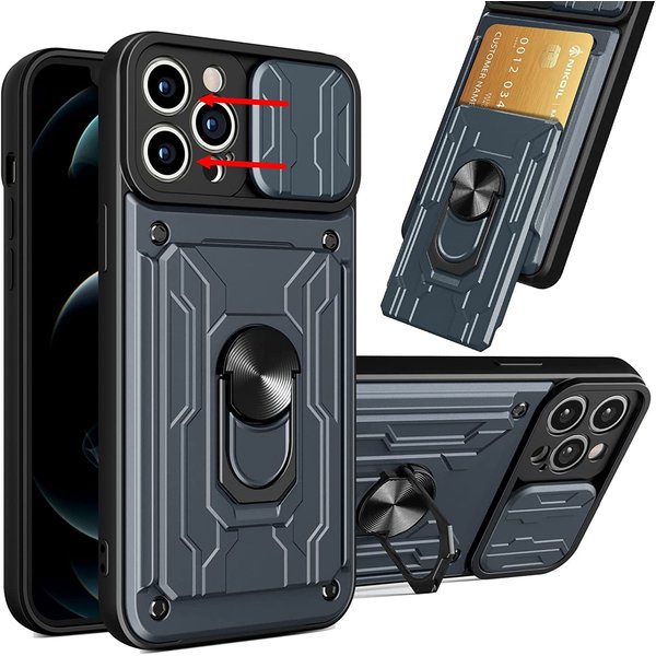 Ntech Hoesje Geschikt voor iPhone 13 Pro met pashouder / Ringhouder / lens bescherming – Grijs