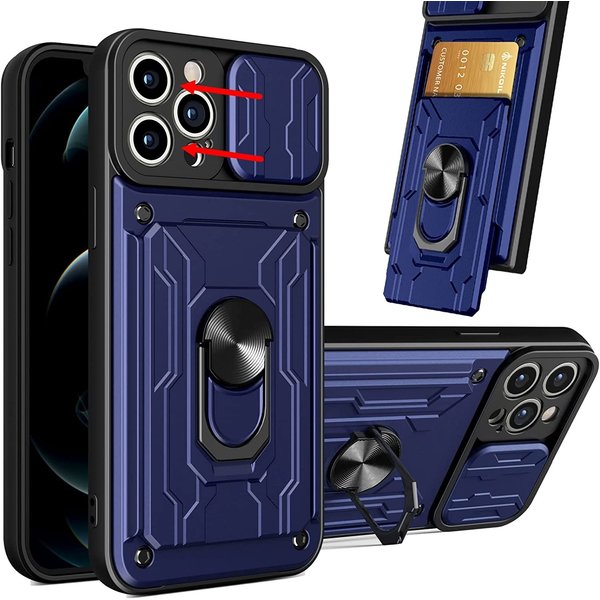 Ntech Hoesje Geschikt voor iPhone 13 Pro Max met pashouder / Ringhouder / lens bescherming – Blauw
