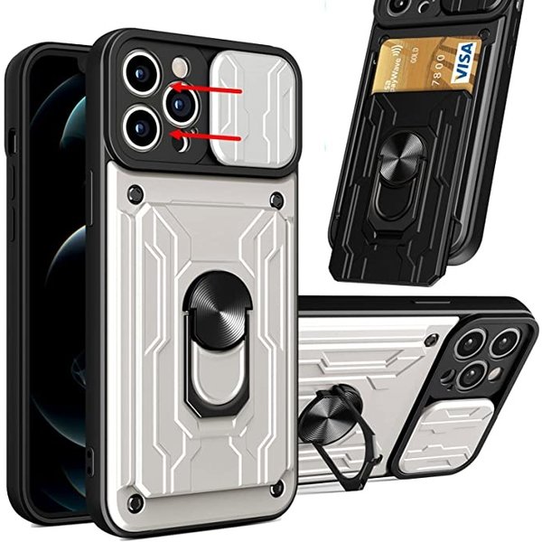 Ntech Hoesje Geschikt voor iPhone 13 Pro Max met pashouder / Ringhouder / lens bescherming – Wit