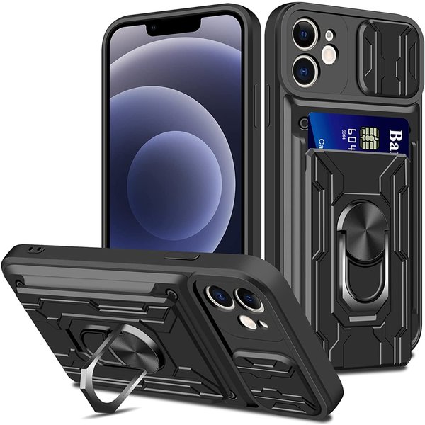 Ntech Hoesje Geschikt voor iPhone 12 / 12 Pro met pashouder / Ringhouder / lens bescherming – Zwart