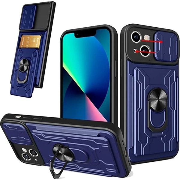 Ntech Hoesje Geschikt voor iPhone 12 / 12 Pro met pashouder / Ringhouder / lens bescherming – Blauw