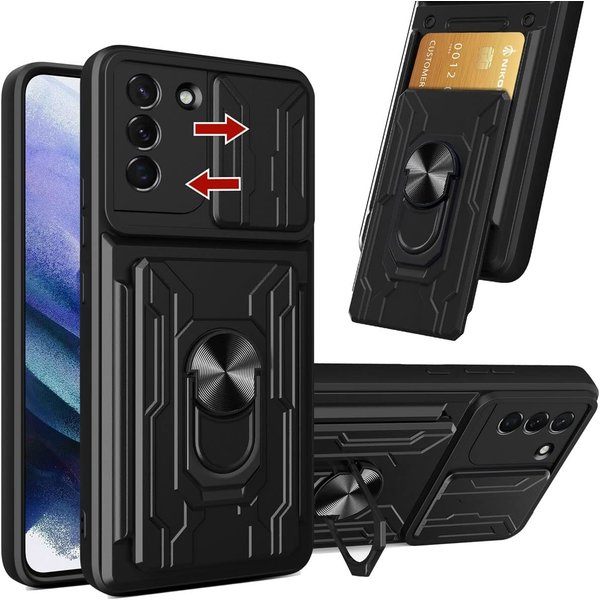 Ntech Hoesje Geschikt Voor Samsung Galaxy S21 hoesje met kickstand Zwart - Hoesje Geschikt Voor Samsung Galaxy S21 camera lens screen protector - hoesje Hoesje Geschikt Voor Samsung Galaxy S21 met pasjeshouder ring case