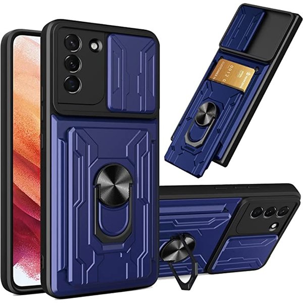 Ntech Hoesje Geschikt Voor Samsung Galaxy S21 hoesje met kickstand Blauw - Hoesje Geschikt Voor Samsung Galaxy S21 camera lens screen protector - hoesje Hoesje Geschikt Voor Samsung Galaxy S21 met pasjeshouder ring case