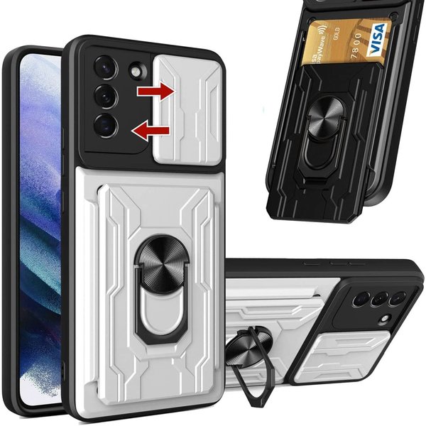 Ntech Hoesje Geschikt Voor Samsung Galaxy S21 hoesje met kickstand Wit - Hoesje Geschikt Voor Samsung Galaxy S21 camera lens screen protector - hoesje Hoesje Geschikt Voor Samsung Galaxy S21 met pasjeshouder ring case