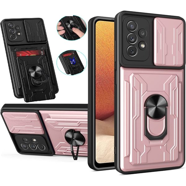 Ntech Samsung A32 5G hoesje met kickstand Rose Goud - Samsung Galaxy A32 5G camera lens screen protector - hoesje Samsung A32 met pasjeshouder ring case