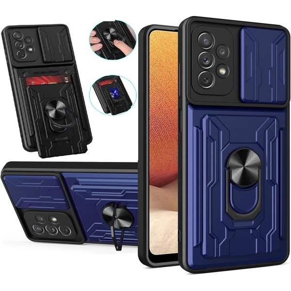 Ntech Hoesje Geschikt Voor Samsung Galaxy A22 5G hoesje met kickstand Blauw - Hoesje Geschikt Voor Samsung Galaxy A22 5G camera lens screen protector - hoesje Hoesje Geschikt Voor Samsung Galaxy A22 met pasjeshouder ring case