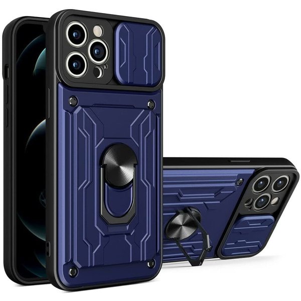 oTronica Geschikt voor iPhone 13 Pro Max hoesje met pashouder - camera bescherming cover en ring houder – Blauw – oTronica