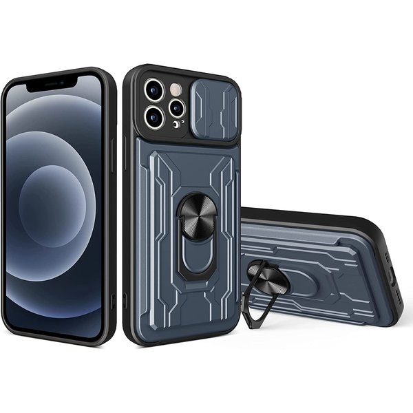 oTronica Geschikt voor iPhone 13 Pro Max hoesje met pashouder - camera bescherming cover en ring houder – Grijs – oTronica
