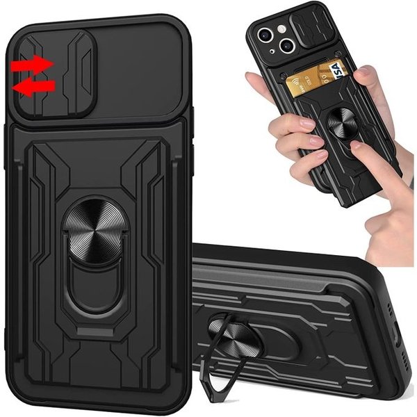 oTronica Geschikt voor iPhone 13 Pro hoesje met pashouder - camera bescherming cover en ring houder – Zwart – oTronica