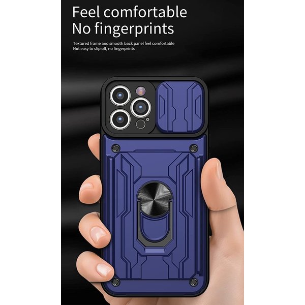oTronica Geschikt voor iPhone 13 Pro hoesje met pashouder - camera bescherming cover en ring houder – Blauw – oTronica
