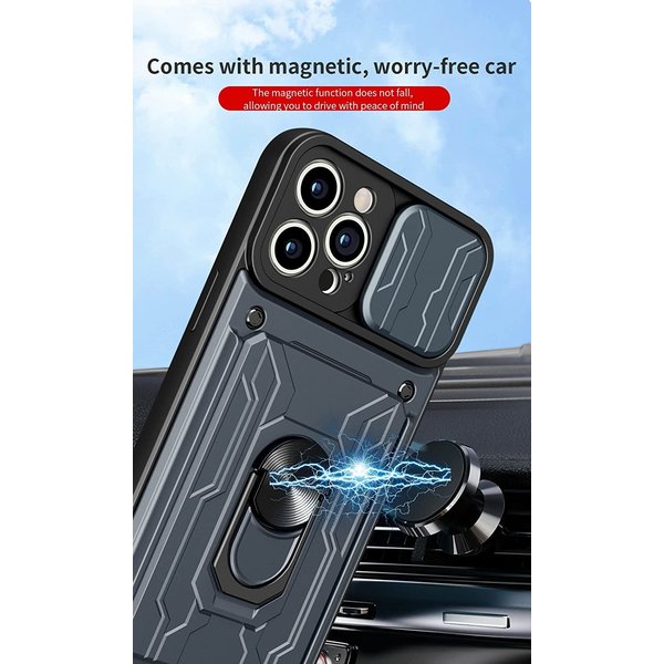 oTronica Geschikt voor iPhone 13 Pro hoesje met pashouder - camera bescherming cover en ring houder – Grijs – oTronica