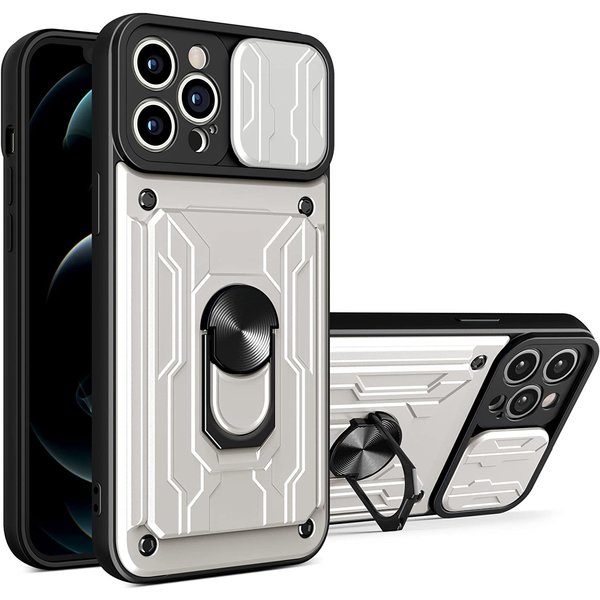 oTronica Geschikt voor iPhone 13 Pro hoesje met pashouder - camera bescherming cover en ring houder – Zilver – oTronica