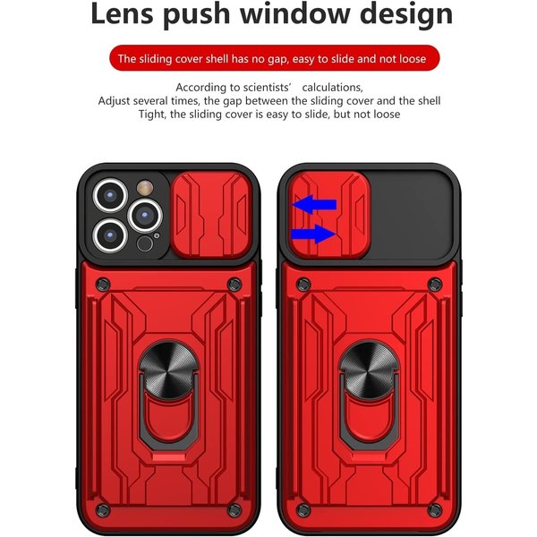 oTronica Geschikt voor iPhone 13 Pro hoesje met pashouder - camera bescherming cover en ring houder – Rood – oTronica
