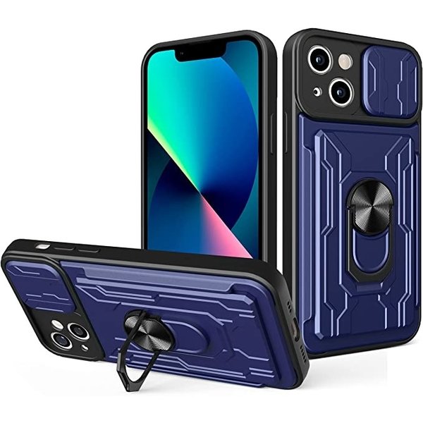 oTronica Geschikt voor iPhone 13 hoesje met pashouder - camera bescherming cover en ring houder – Blauw – oTronica