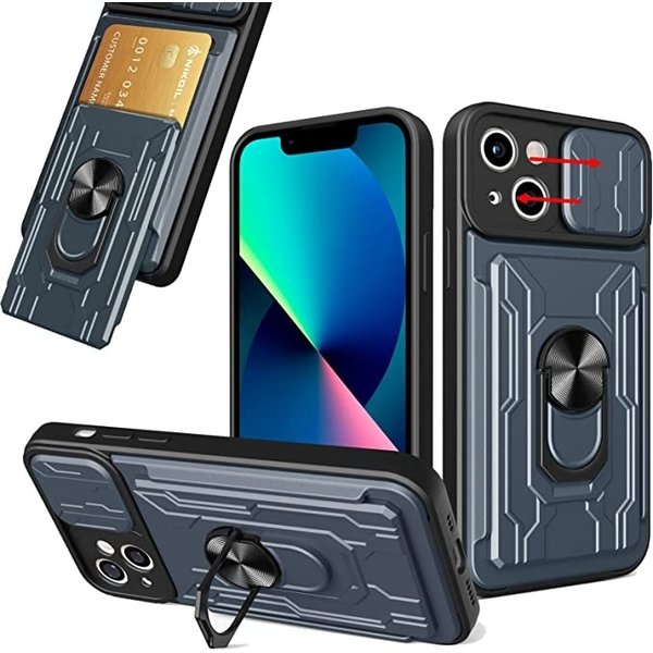 oTronica Geschikt voor iPhone 13 hoesje met pashouder - camera bescherming cover en ring houder – Grijs – oTronica