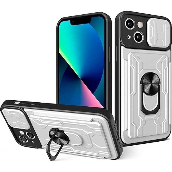 oTronica Geschikt voor iPhone 13 hoesje met pashouder - camera bescherming cover en ring houder – Zilver – oTronica