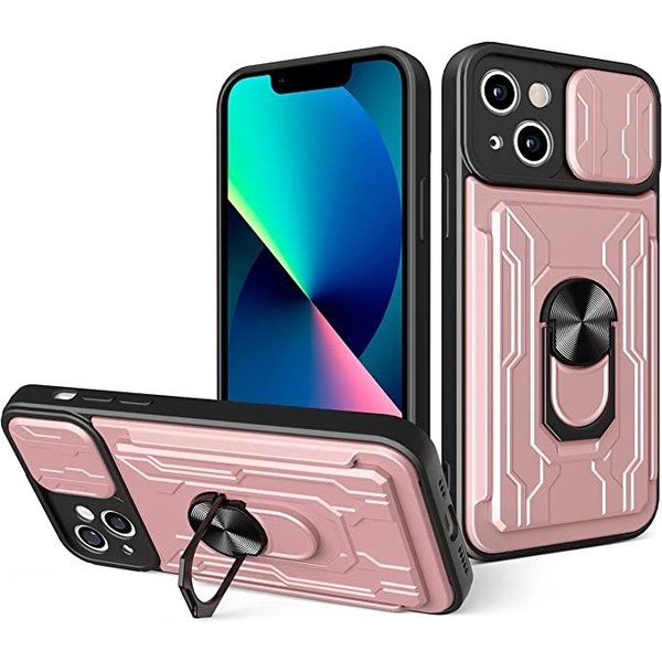 oTronica Geschikt voor iPhone 13 hoesje met pashouder - camera bescherming cover en ring houder – Rosegoud – oTronica
