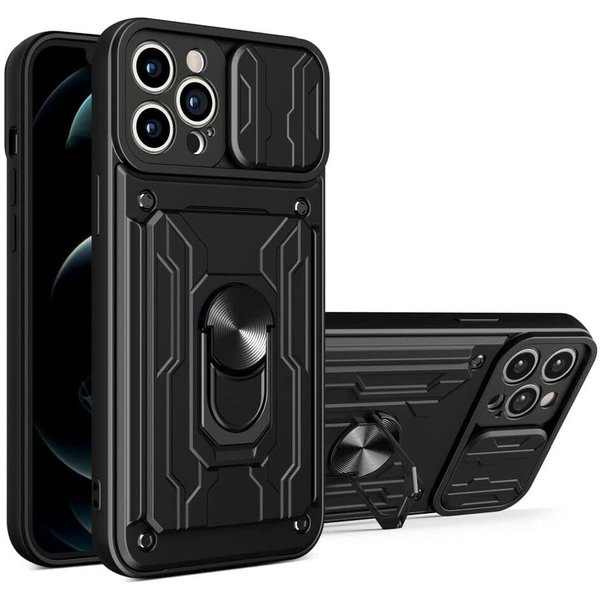 oTronica Geschikt voor iPhone 12 Pro Max hoesje met pashouder - camera bescherming cover en ring houder – Zwart – oTronica
