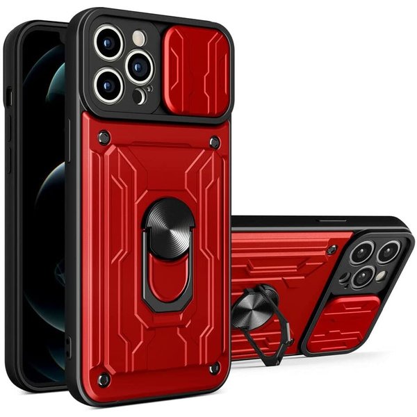 oTronica Geschikt voor iPhone 12 Pro Max hoesje met pashouder - camera bescherming cover en ring houder – Rood – oTronica