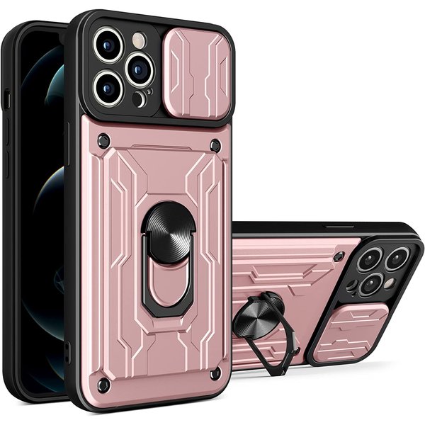 oTronica Geschikt voor iPhone 12 Pro Max hoesje met pashouder - camera bescherming cover en ring houder – Rosegoud – oTronica