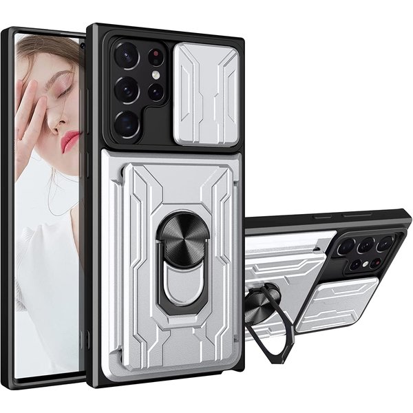 oTronica Hoesje Geschikt Voor Samsung Galaxy S22 Ultra hoesje met pashouder - camera bescherming cover en ring houder – Zilver – oTronica