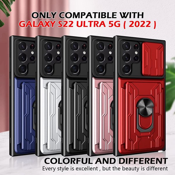 oTronica Hoesje Geschikt Voor Samsung Galaxy S22 Ultra hoesje met pashouder - camera bescherming cover en ring houder – Grijs – oTronica