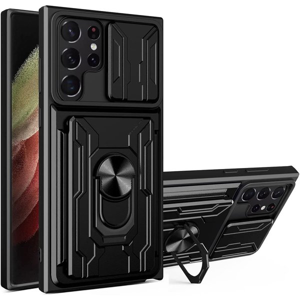 oTronica Geschikt Voor Samsung Galaxy S22 Ultra hoesje met pashouder - camera bescherming cover en ring houder – Zwart – oTronica